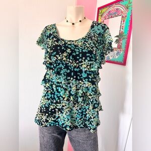 Floral Ruffle Top - Black and Green